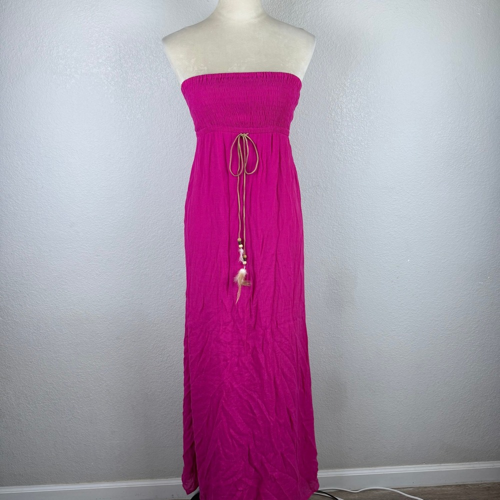 Y2K Bebe Pink Strapless Maxi Dress Boho Chic WIth Feathers & Beads XS